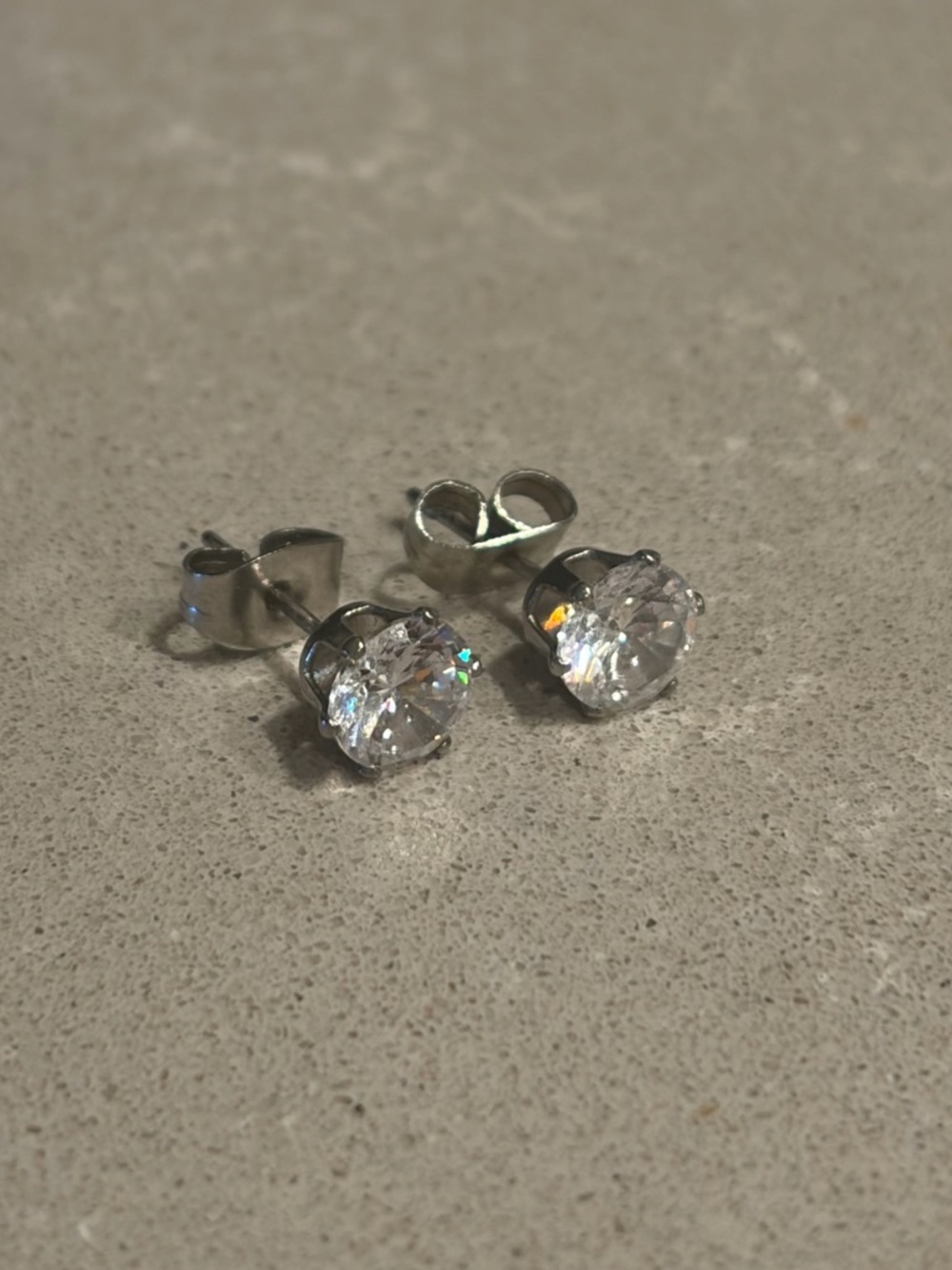 Faux Diamond Silver Metal Round Stud Earrings with Butterfly Closure
